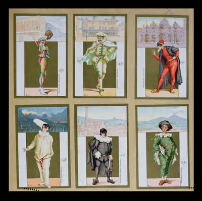 Set van zes vignetten die personages uit de Commedia dell